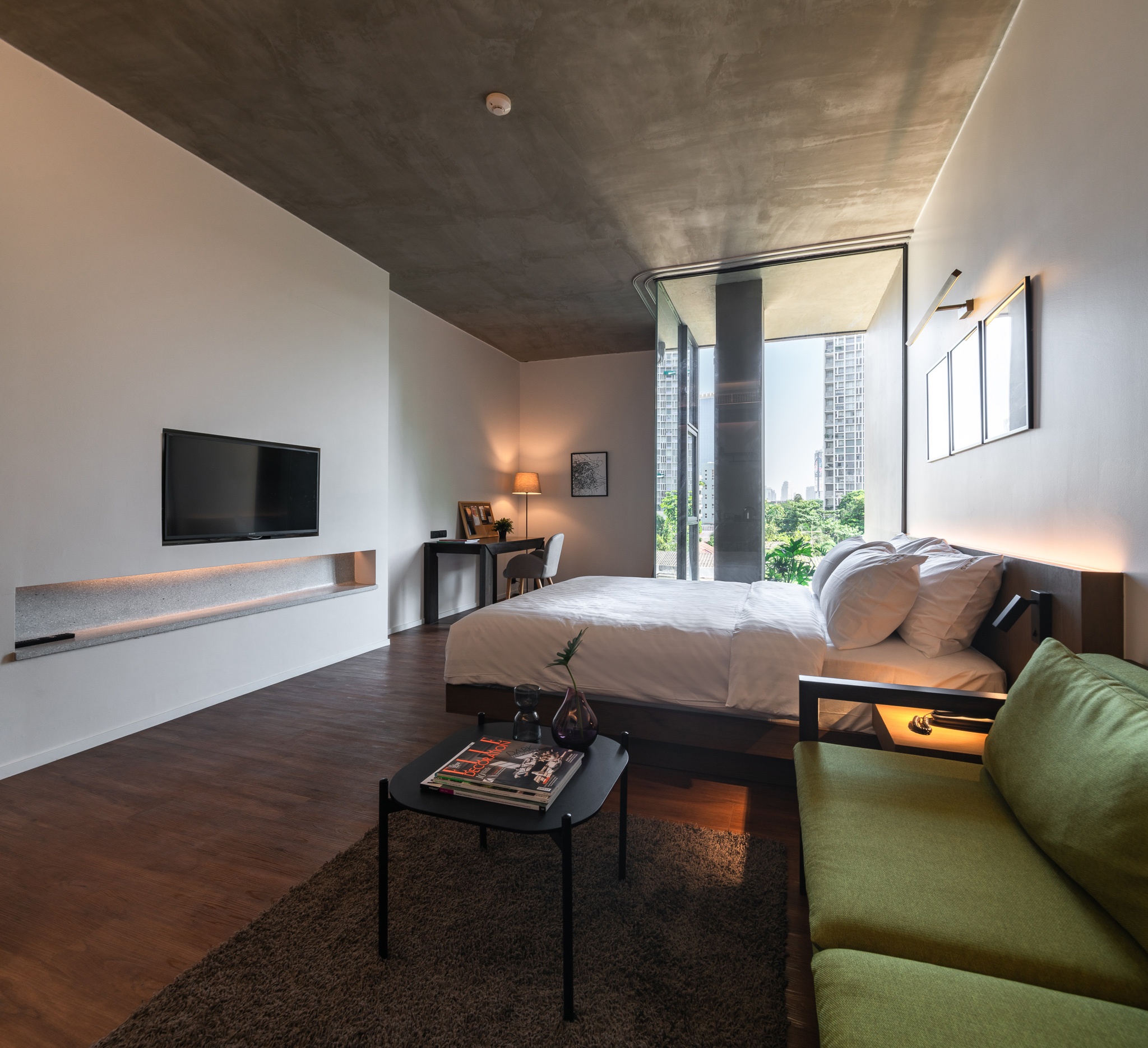 Hotel room interior with warm light